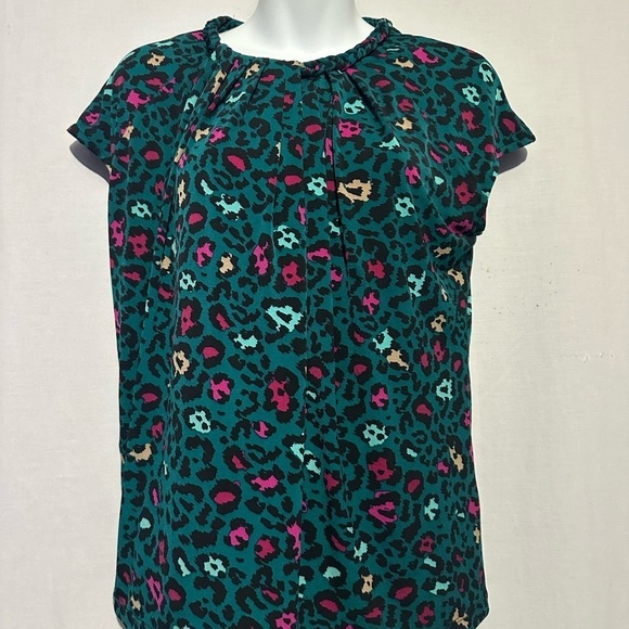 Worthington Teal Leopard Print Top | Size Medium | Draped Neck Stretch Knit - Picture 1 of 4